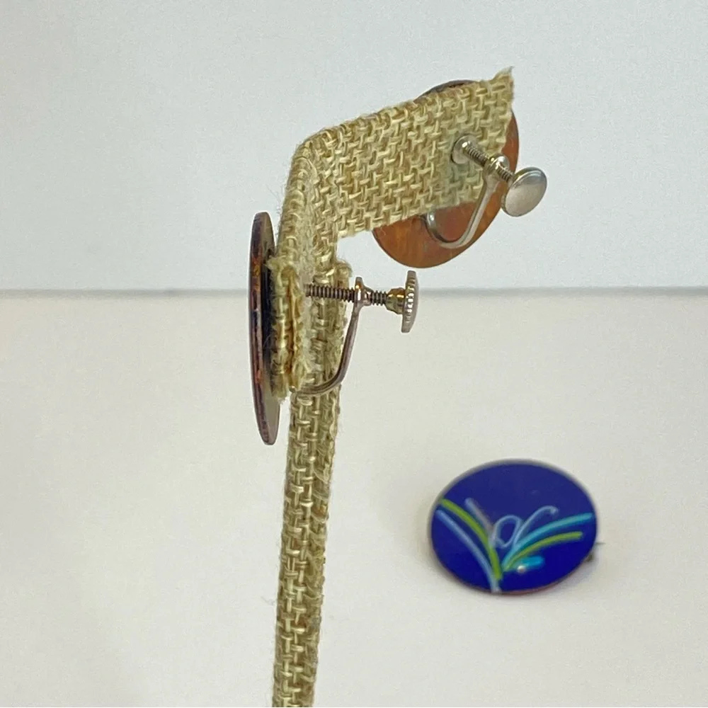 Vintage Copper Enamel‎ Earrings Brooch Set Blue Floral Screw Back Mid Century